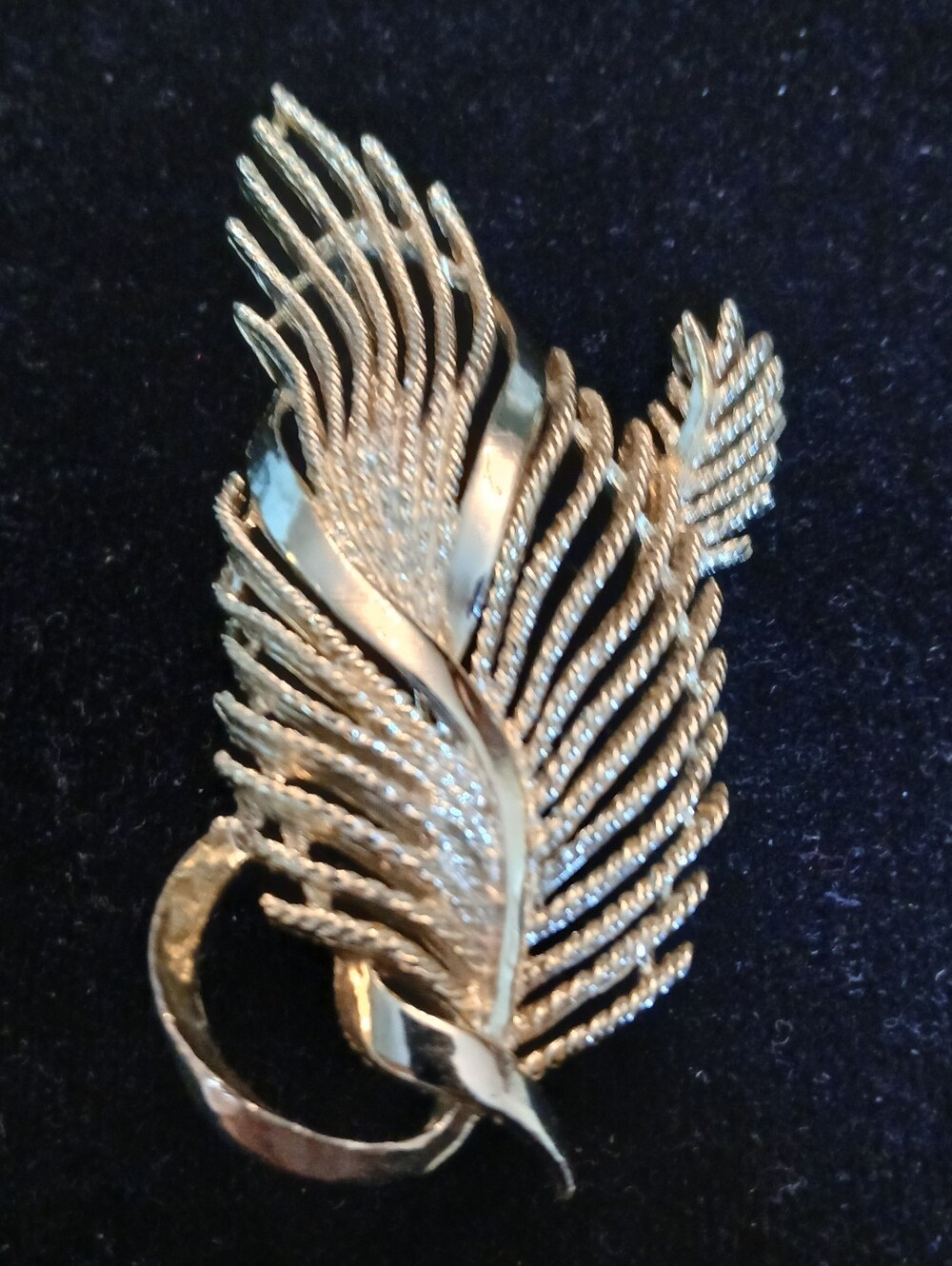 Vintage Unmarked Goldtone Textured Leaf Feather Brooch 3"